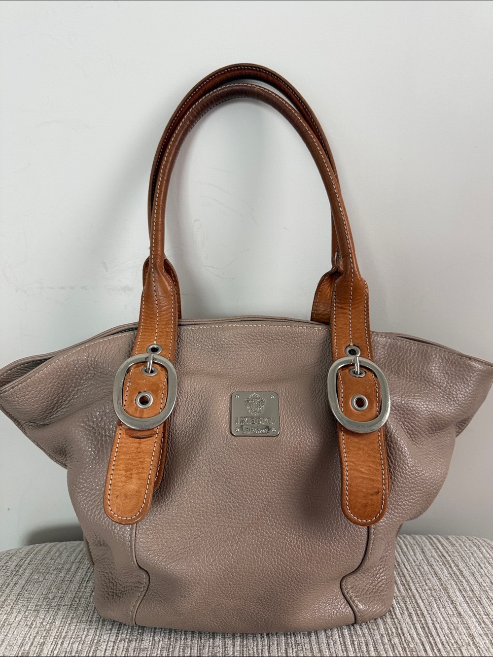 I Medici Firenze Leather Tote Bag Taupe Tan Buckle Shoulder Purse Italy